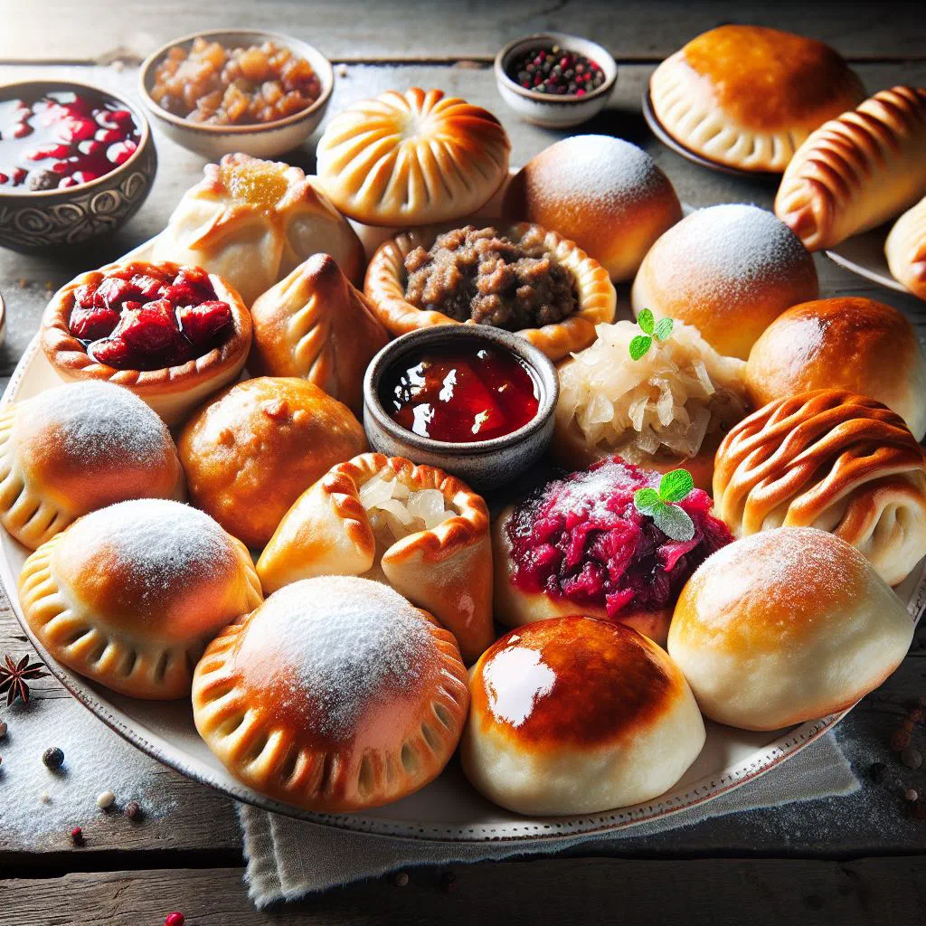 Golden-baked pirozhki filled buns arranged on a rustic wooden board