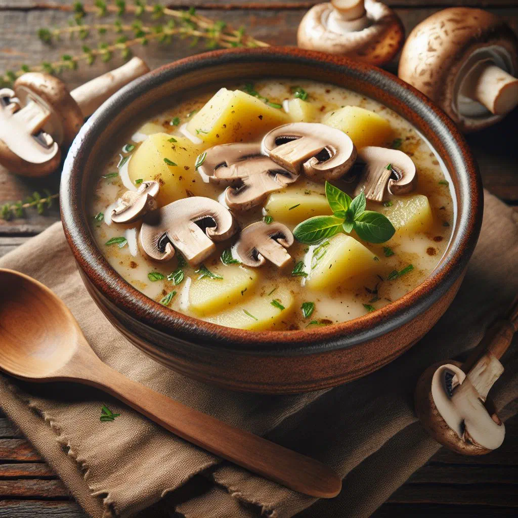 Creamy potato and mushroom soup garnished with fresh herbs