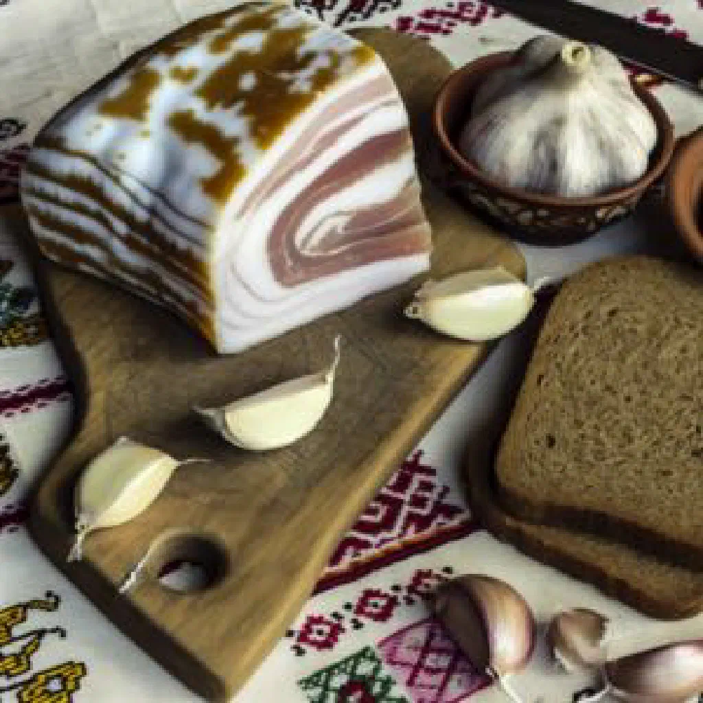 Thin slices of cured salo with onion rings, dill and rye bread