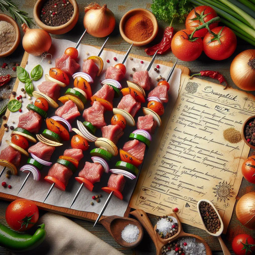 Grilled shashlik skewers of marinated pork with onions and fresh herbs
