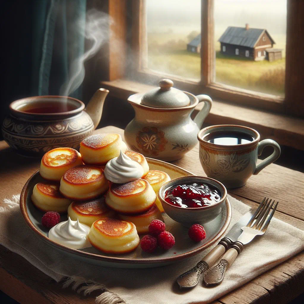 Golden syrniki curd pancakes dusted with icing sugar and served with sour cream and berries