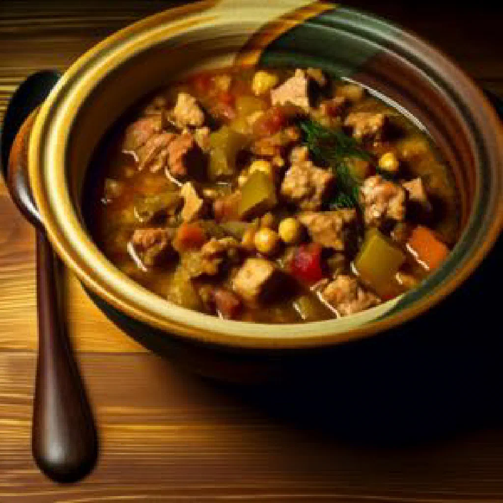 Bowl of tukmachi with buckwheat, onions and vegetables