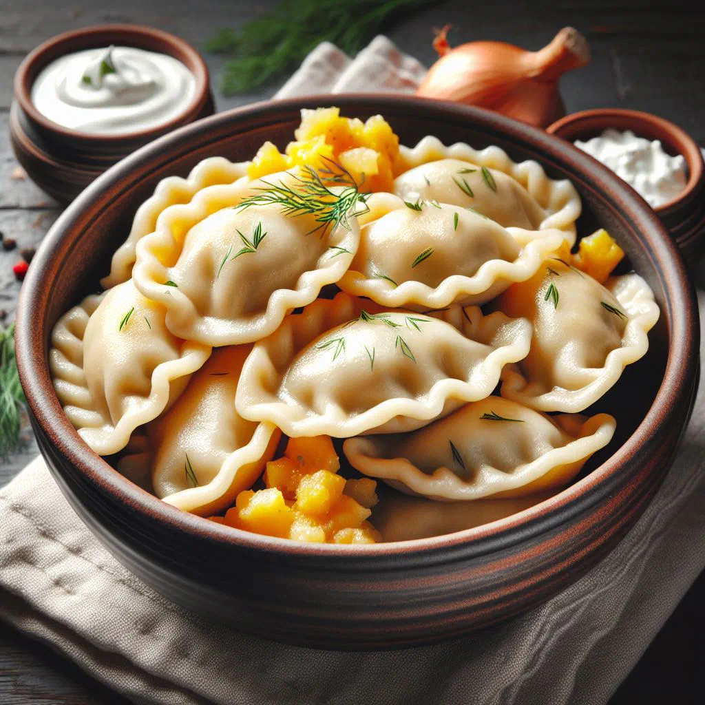 Boiled vareniki dumplings served with sour cream and fresh dill