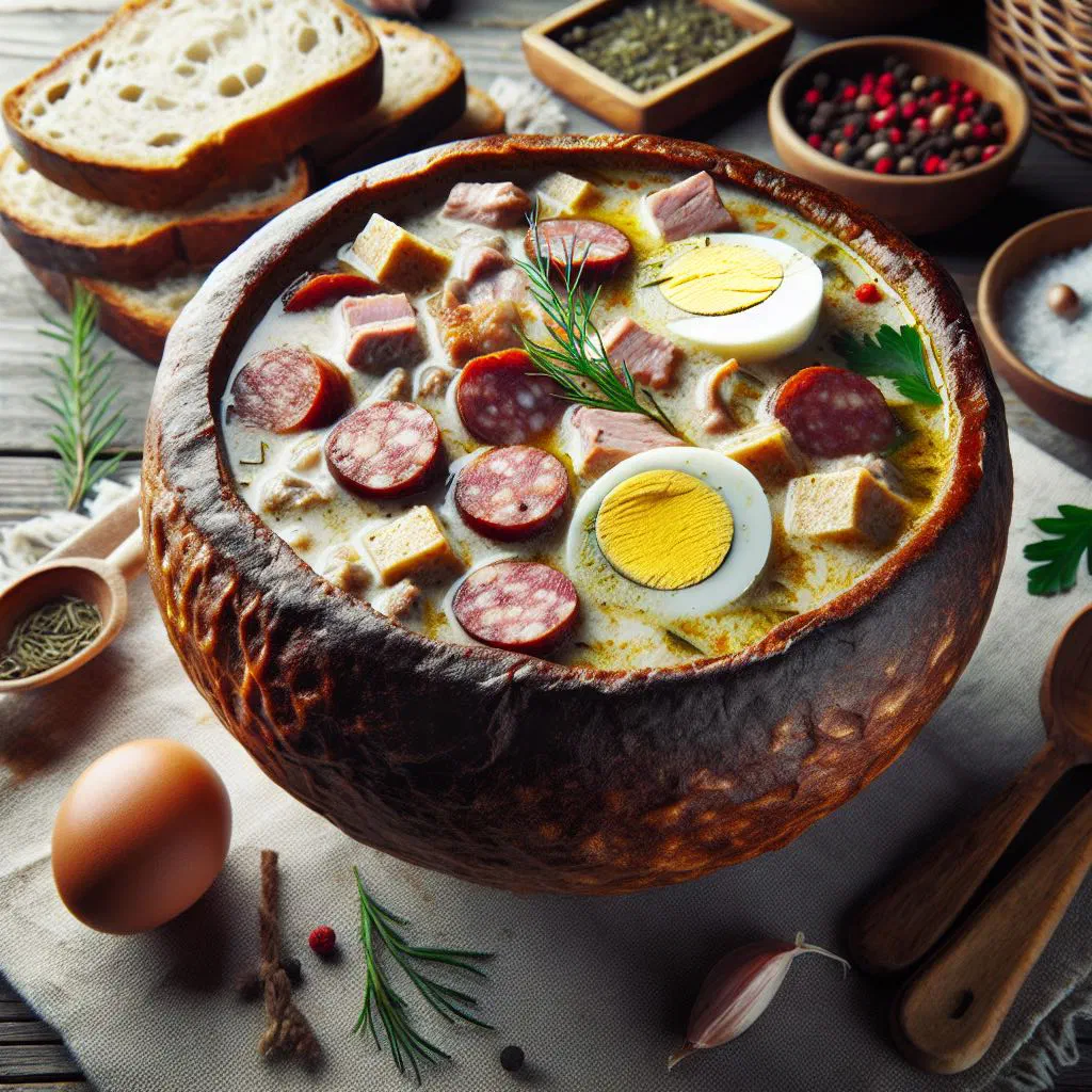 Bowl of Belarusian zhurek soup garnished with fresh dill