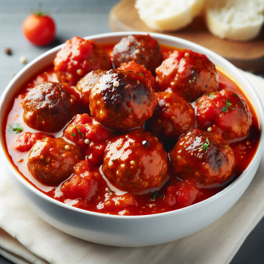 Belgian meatballs simmering in a rich tomato sauce, garnished with parsley
