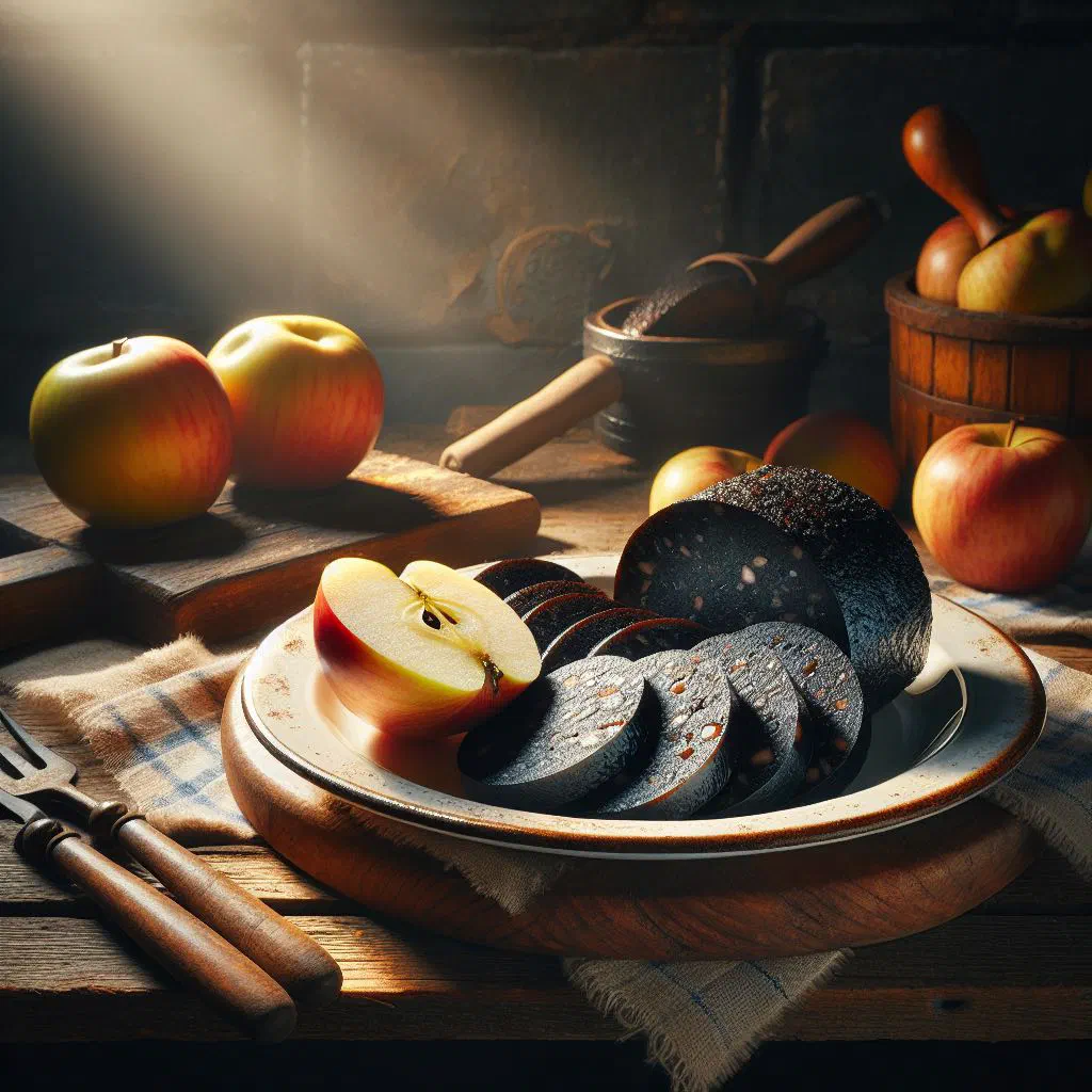 Sliced Belgian black pudding in a pan with caramelised apples and onions