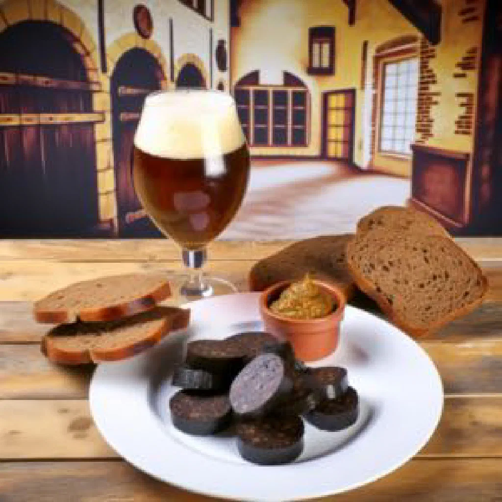 Sliced boudin noir pan-fried until crisp, served with creamy mashed potato