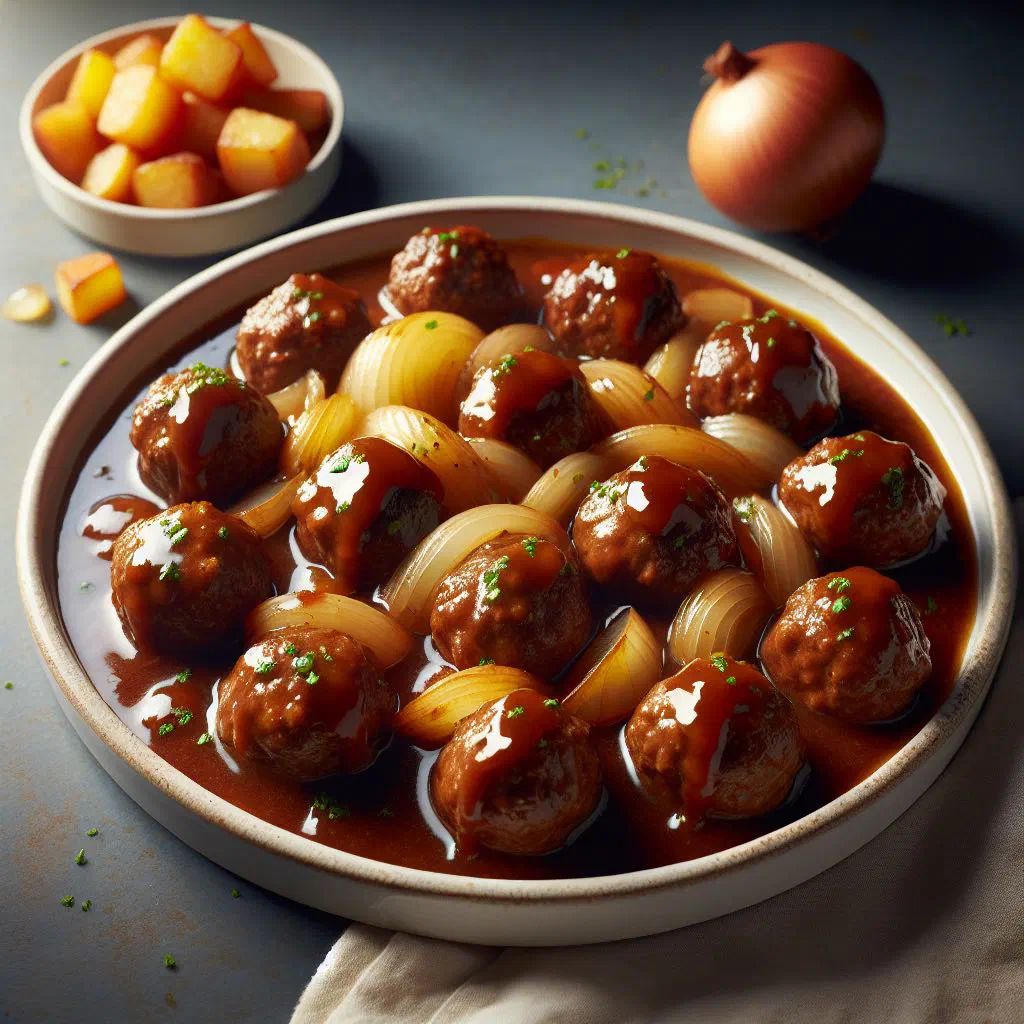 Belgian meatballs in a dark beer and syrup sauce with chips