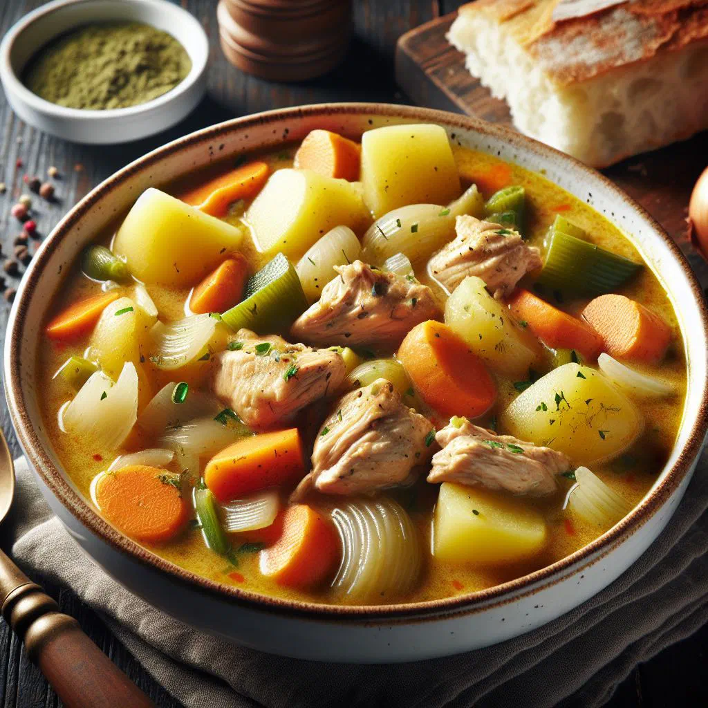 Creamy chicken waterzooi with vegetables in a deep bowl