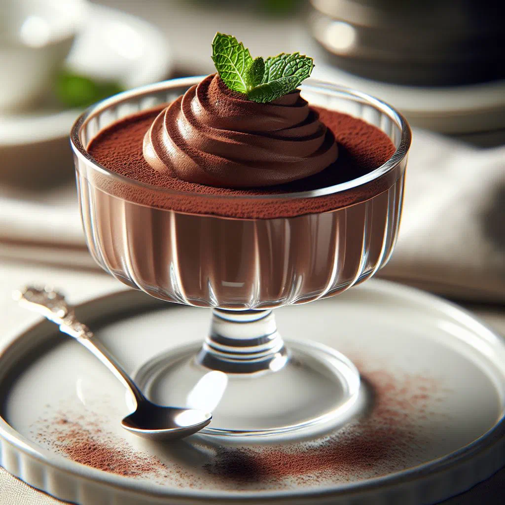 Chocolate mousse served in a glass, topped with cream and berries
