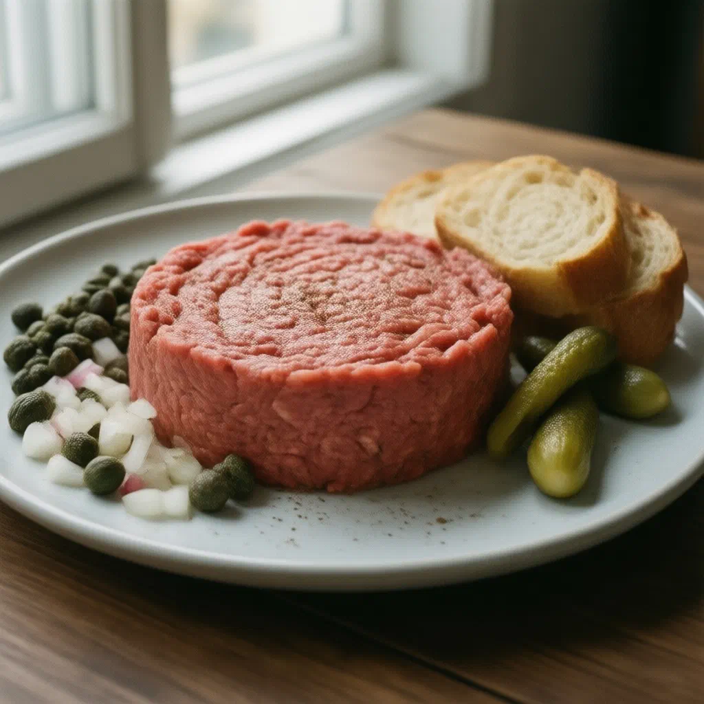 Filet américain served on fresh bread with onions and herbs
