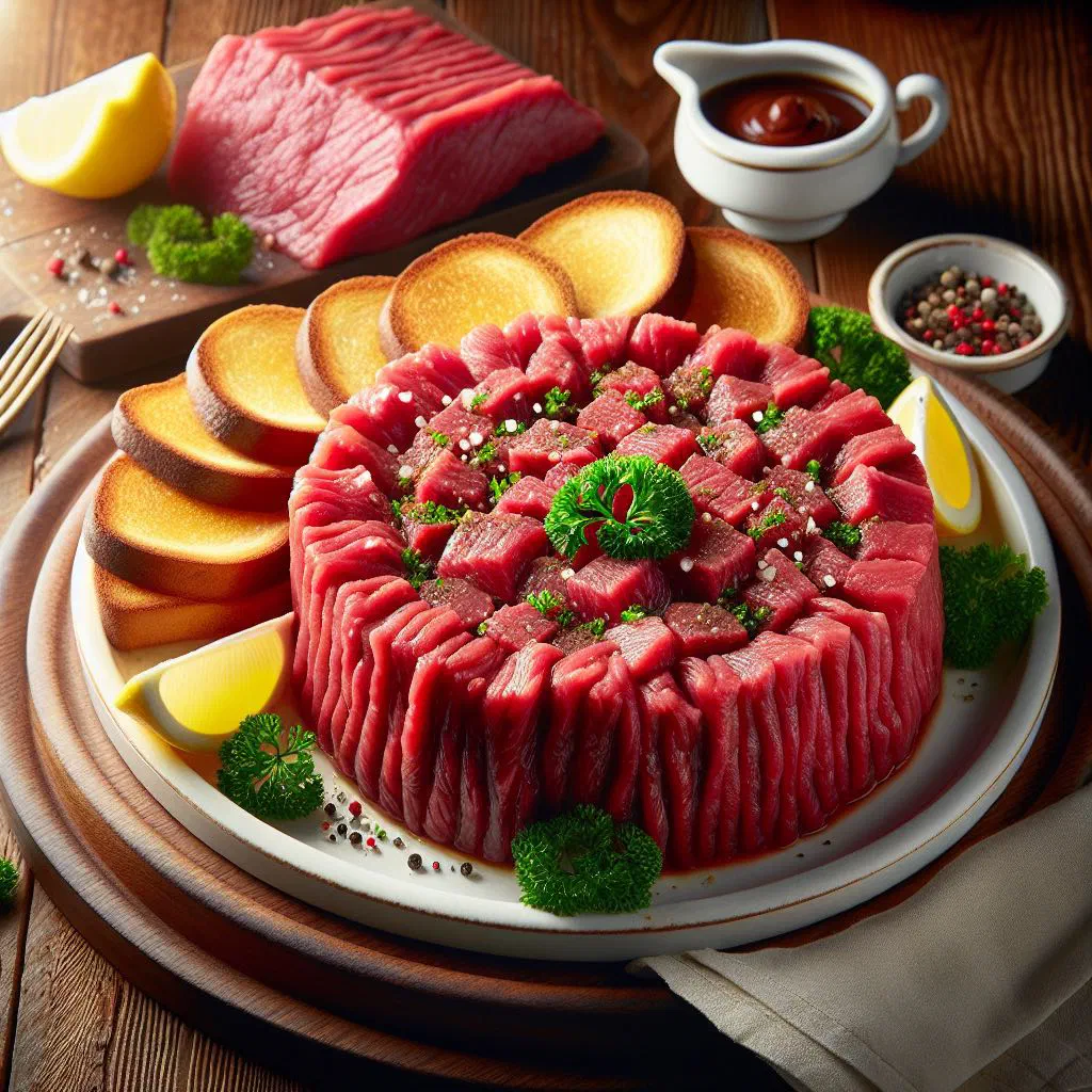 Filet américain served on fresh bread with onions and herbs