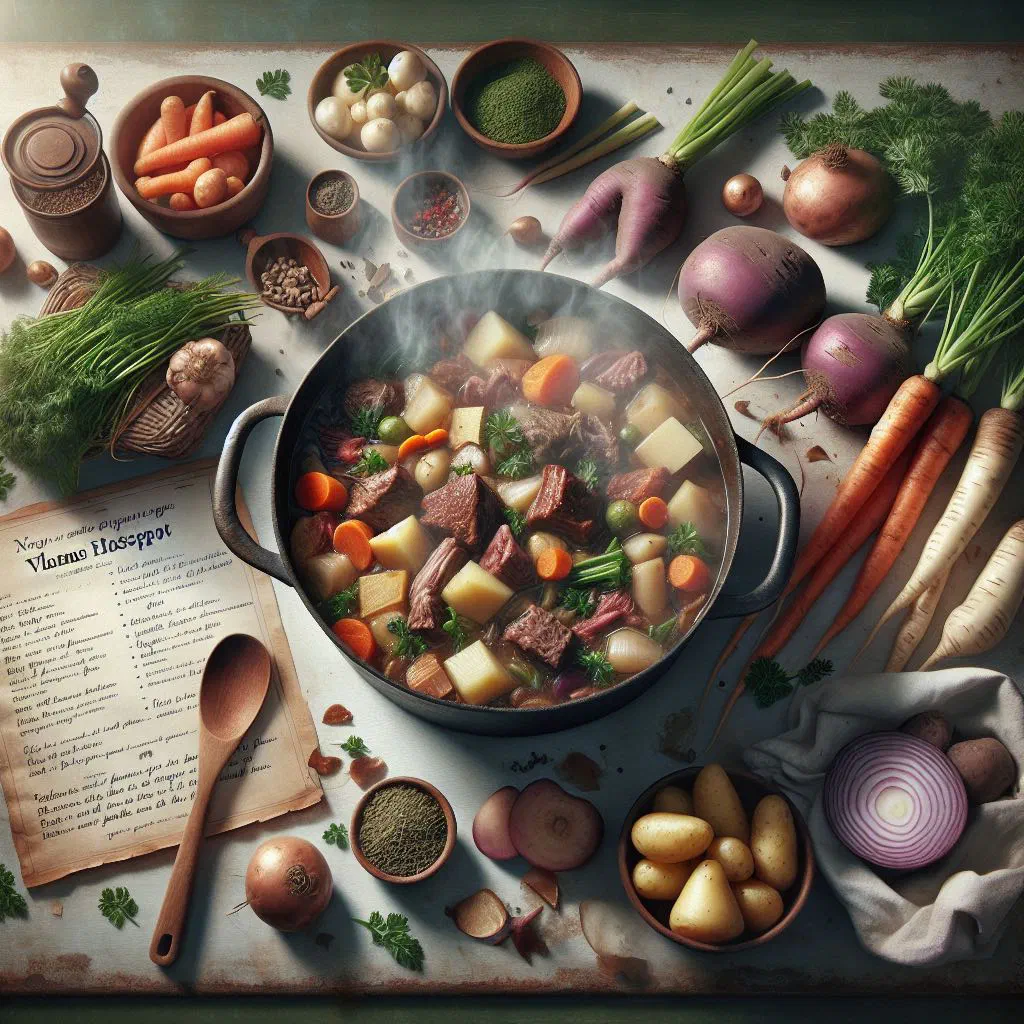 Bowl of Flemish hotchpotch with beef, pork, potatoes and carrots