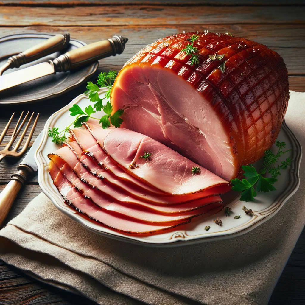 Thin slices of Ganda ham on baguette with cream cheese and rocket