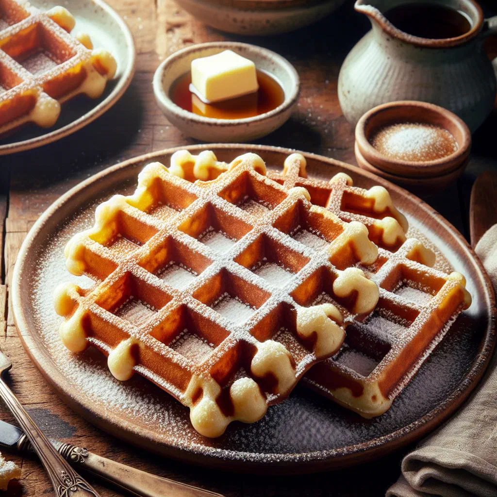 Golden Brussels waffles dusted with icing sugar and topped with fresh berries