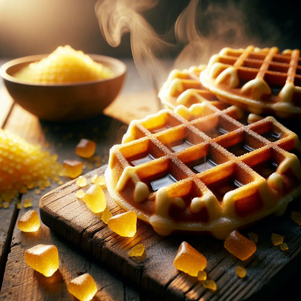 Golden Liège waffles with caramelised pearl sugar, dusted with icing sugar