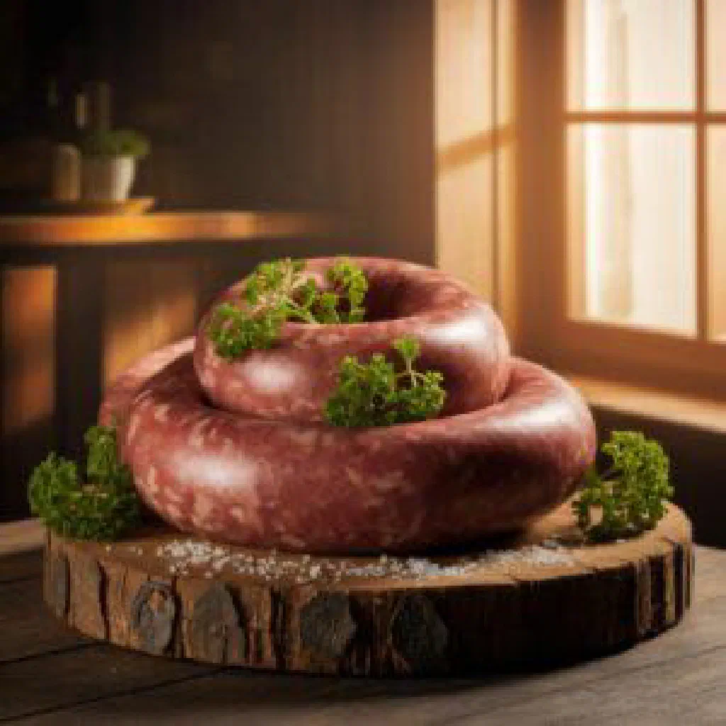 Grilled Lokerse paardenworst sausages on a rustic wooden board with herbs