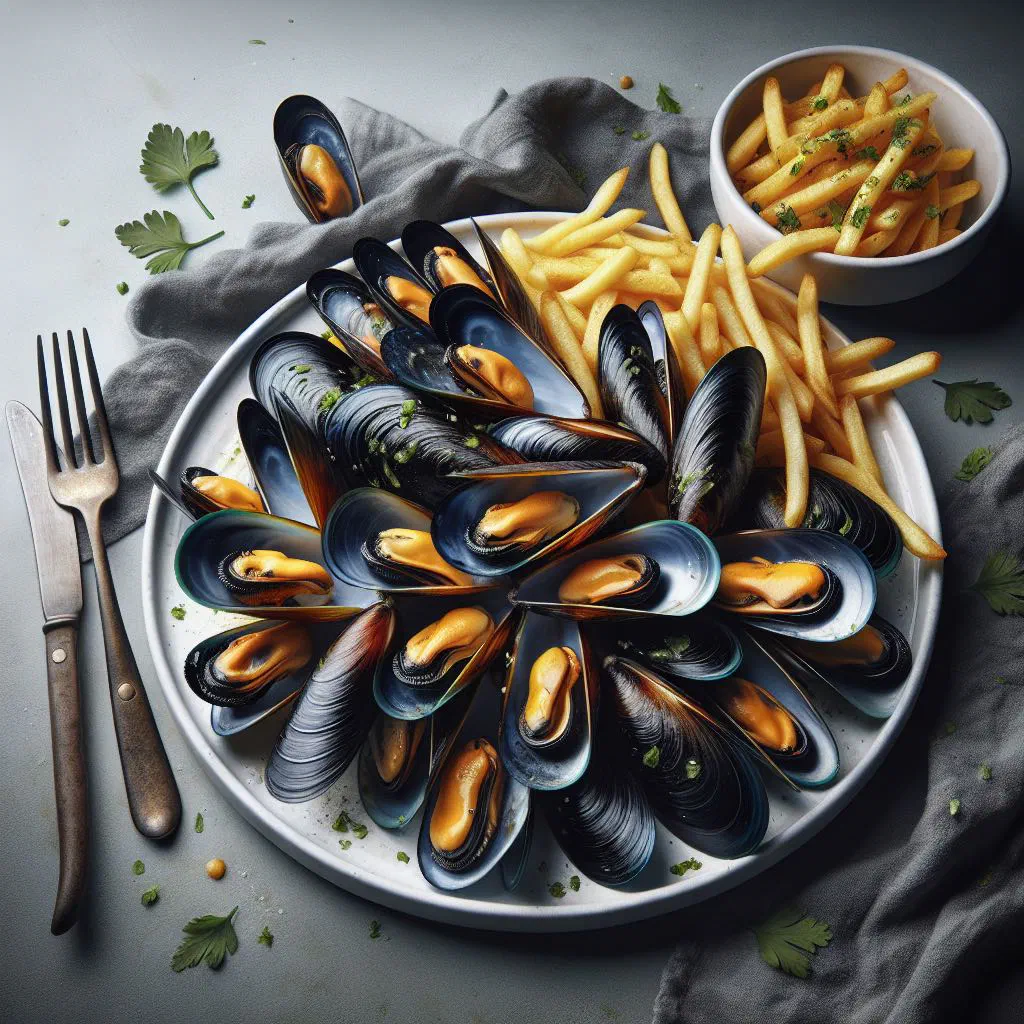 Steamed mussels in a pot with a bowl of golden chips alongside