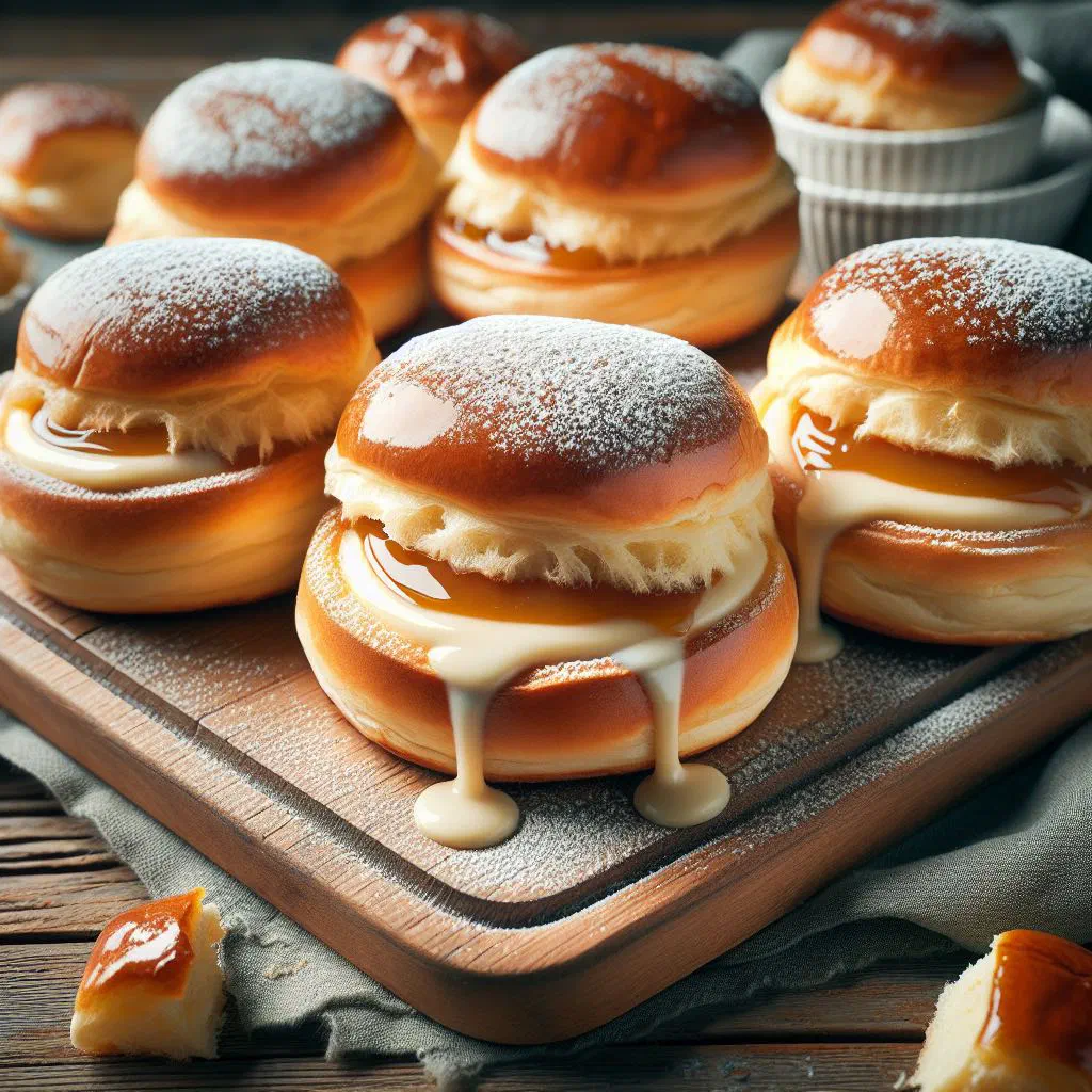 Golden Belgian puddingbroodjes dusted with icing sugar