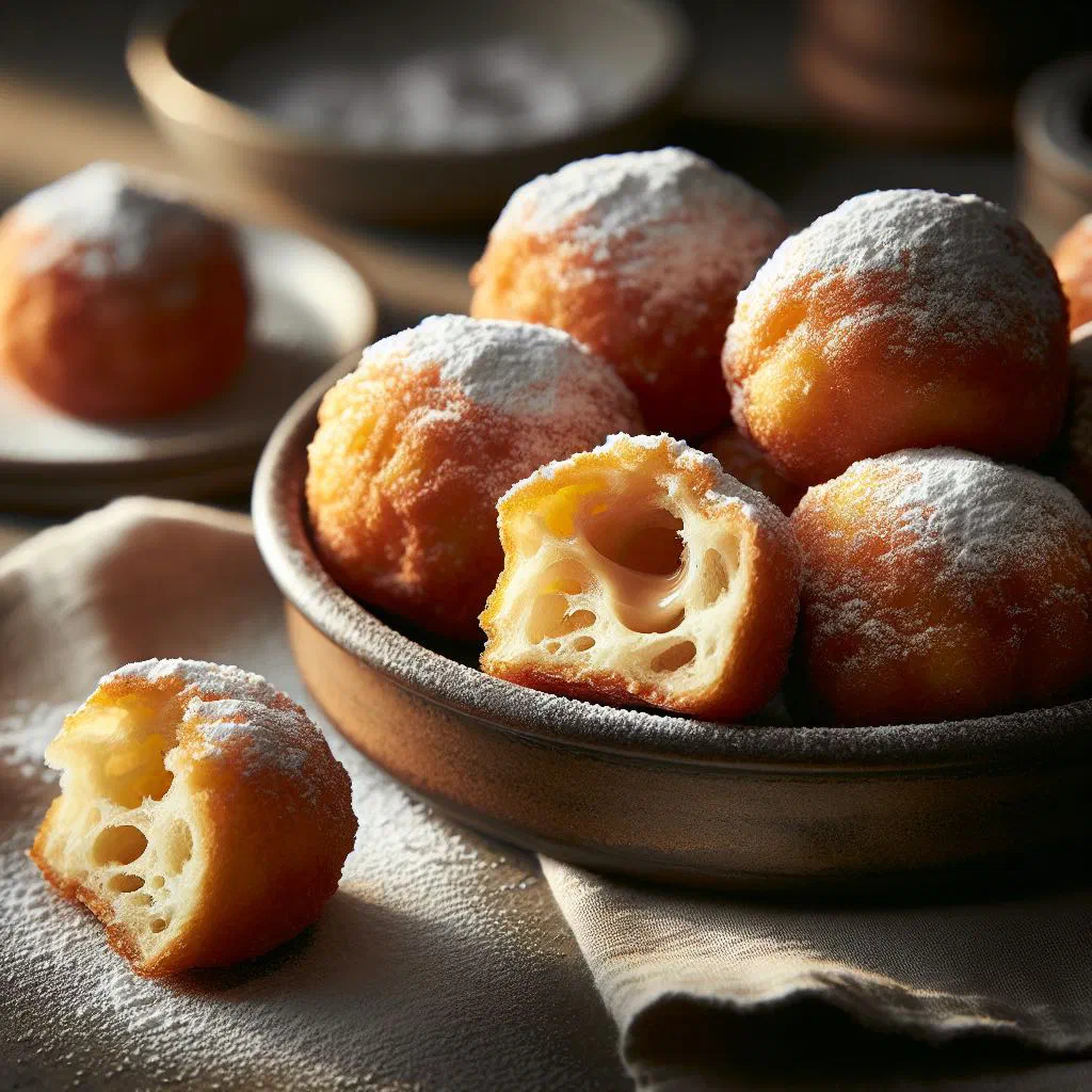Golden smoutebollen dusted with icing sugar on a wooden plate