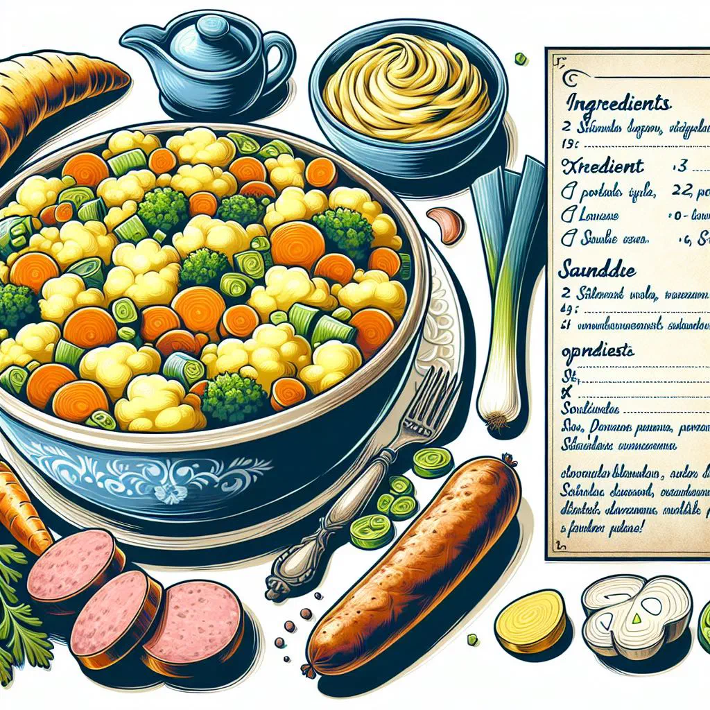 Creamy Belgian stoemp with carrots and leek, served with sausage