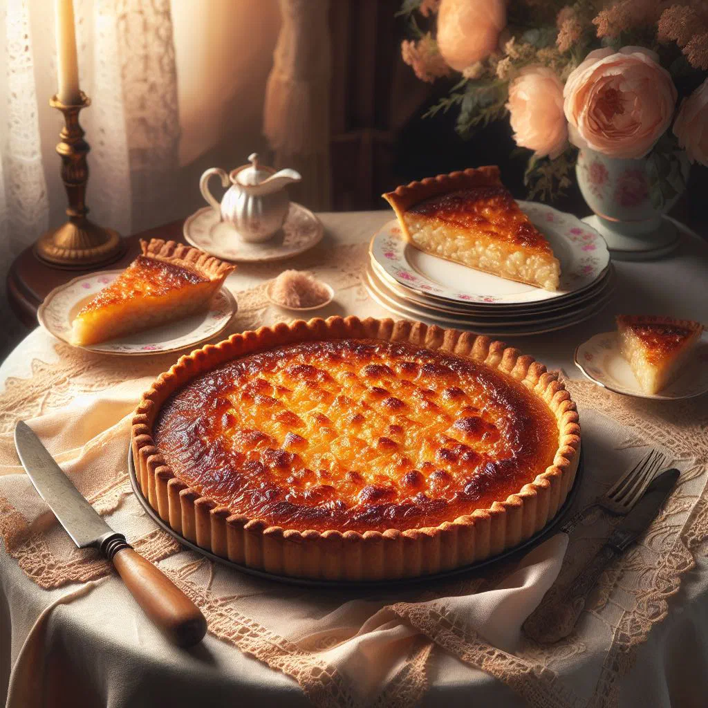Golden Belgian rice tart with creamy vanilla filling and a dusting of icing sugar