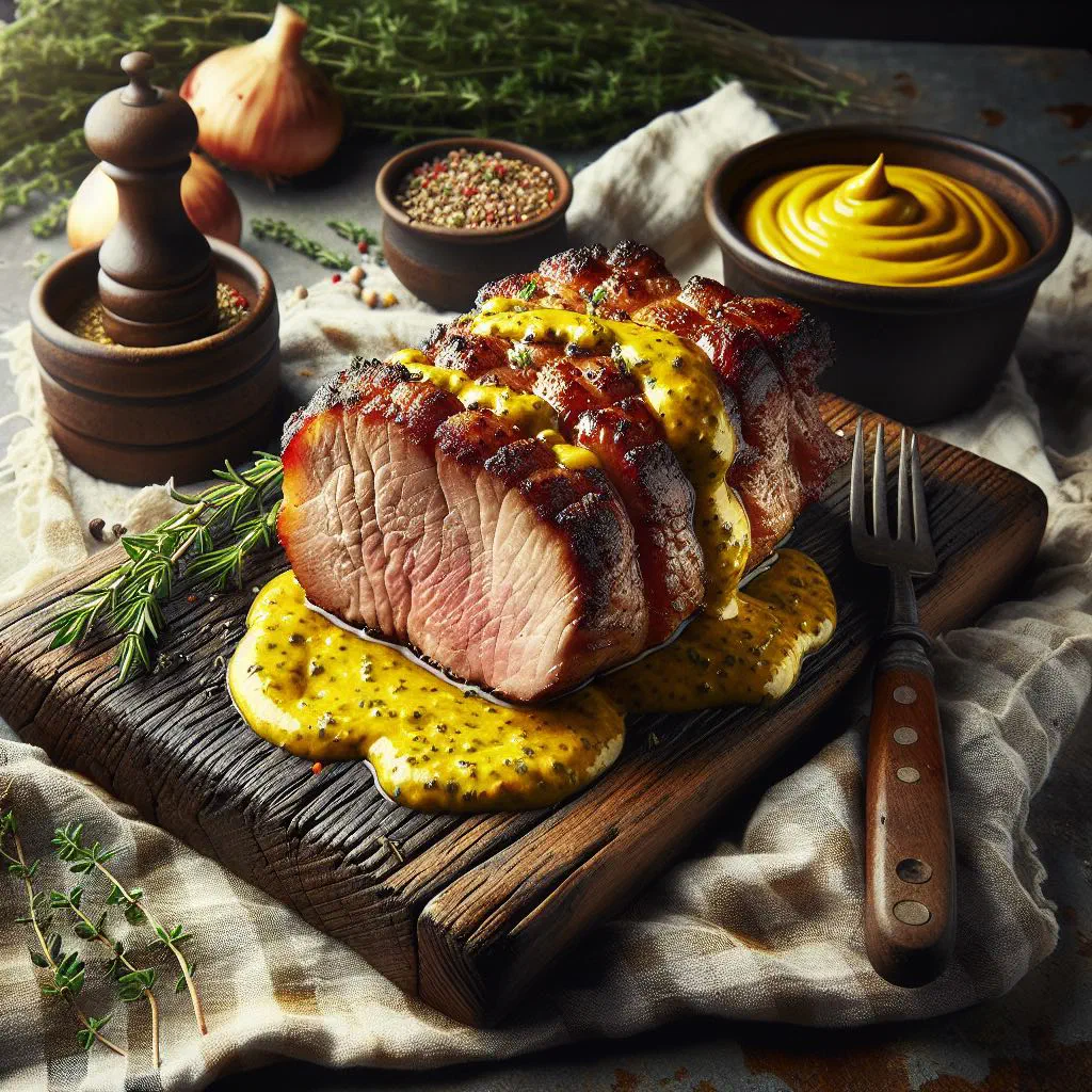 Sliced pork tenderloin medallions in a creamy mustard sauce with fresh herbs