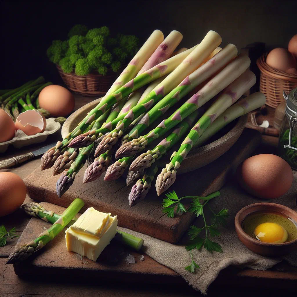 Flemish asparagus with creamy sauce, chopped egg and ham on a plate