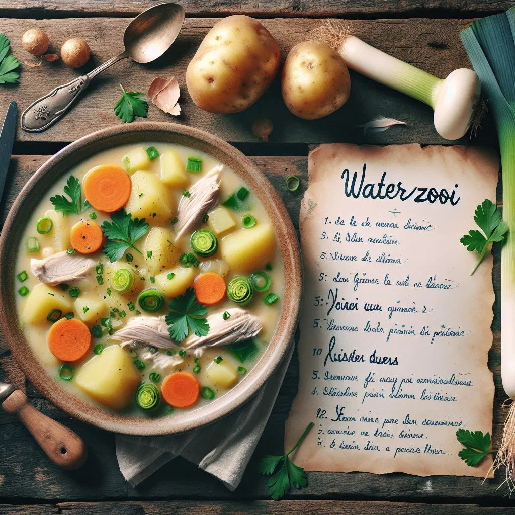 Creamy Belgian waterzooi stew with chicken, vegetables and fresh herbs in a deep bowl