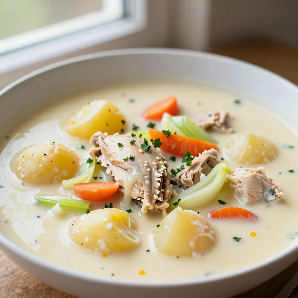 Creamy Belgian waterzooi stew with chicken, vegetables and fresh herbs in a deep bowl