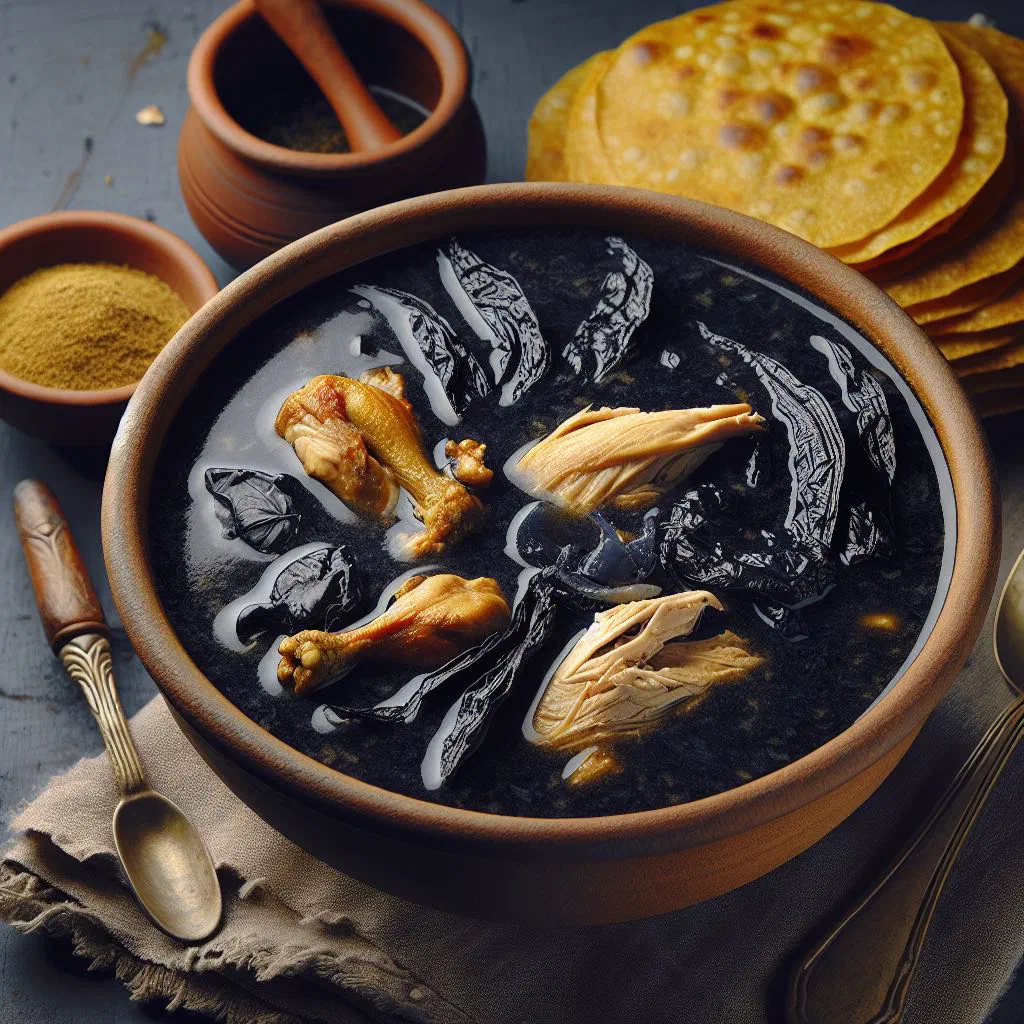 A dark bowl of Belizean chimole soup with chicken and fresh coriander