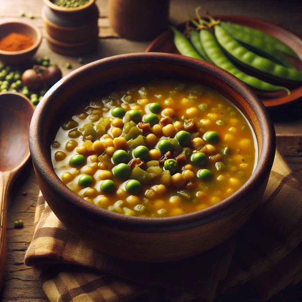 A bowl of Belizean split peas soup garnished with fresh parsley