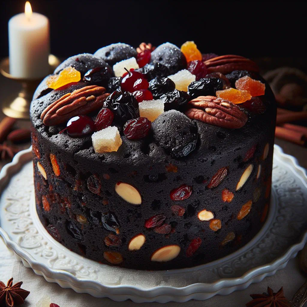 A dark, rich Belizean black fruit cake studded with soaked dried fruit