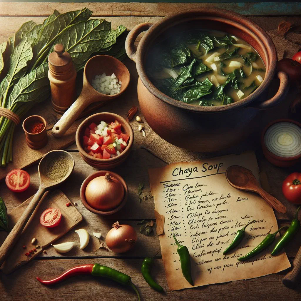 A bowl of creamy green chaya soup garnished with fresh herbs