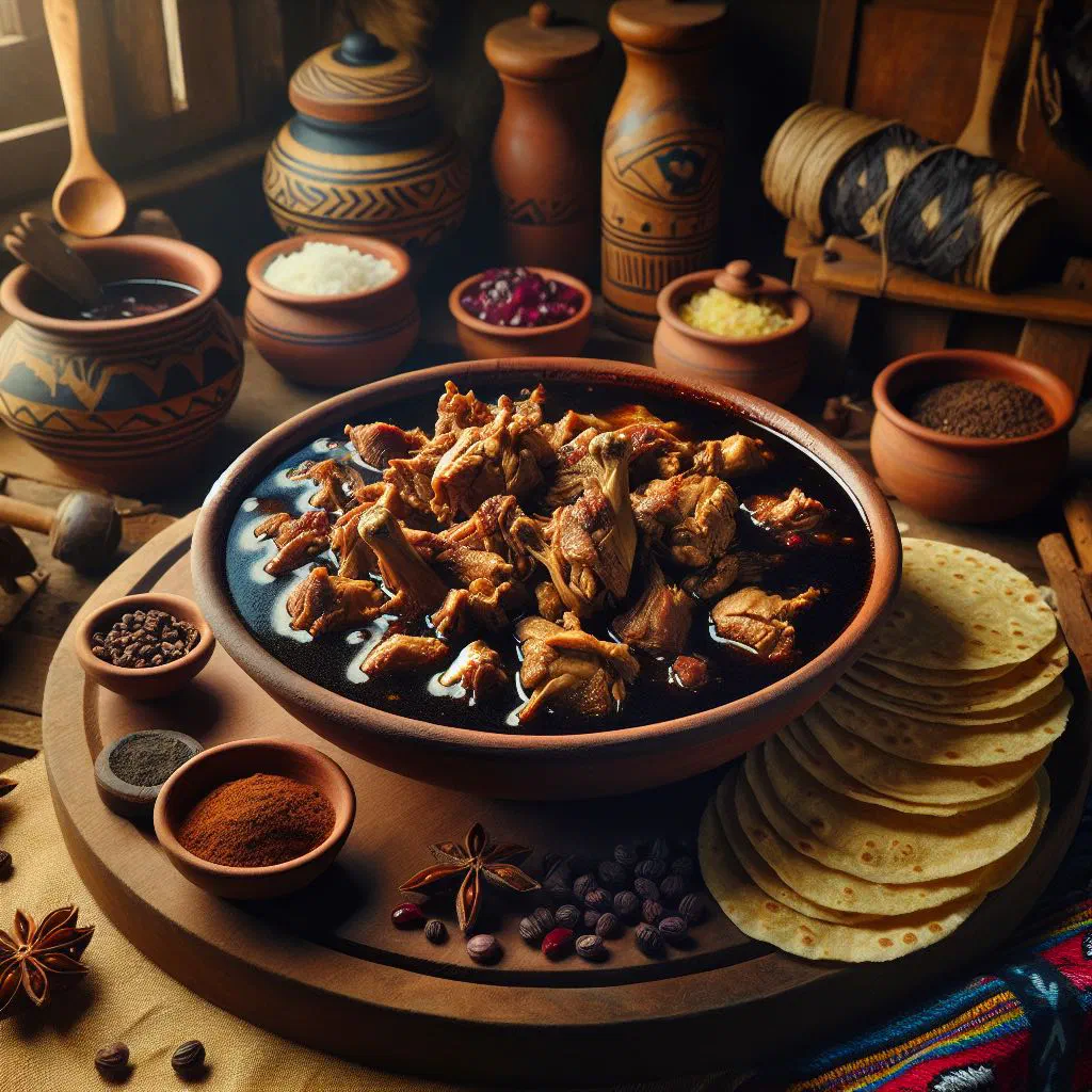 Tender chicken in a dark chirmole sauce served with rice and tortillas