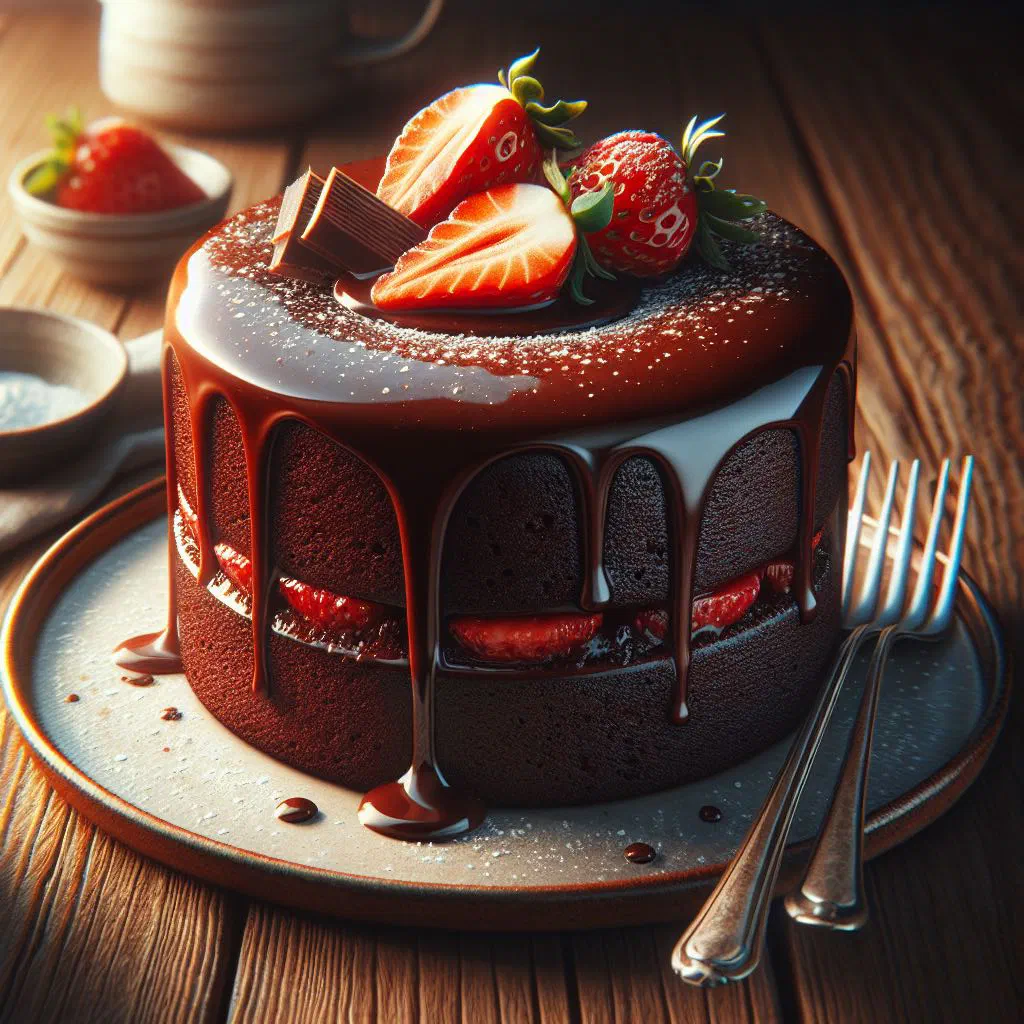 Rich chocolate rum cake dusted with icing sugar on a serving plate