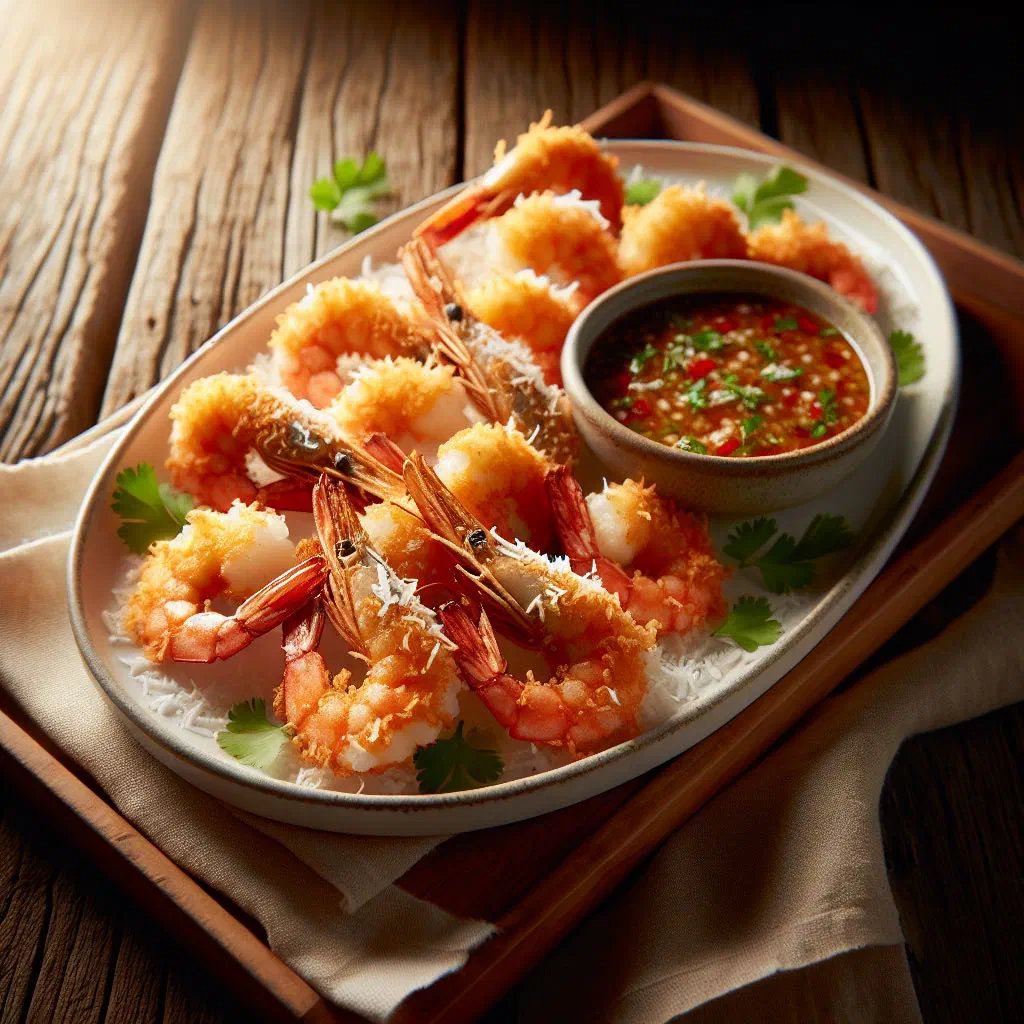 Golden coconut-crusted shrimp served with a dipping sauce
