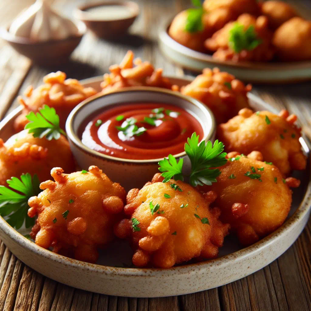 Golden deep-fried conch fritters served with a spicy dipping sauce