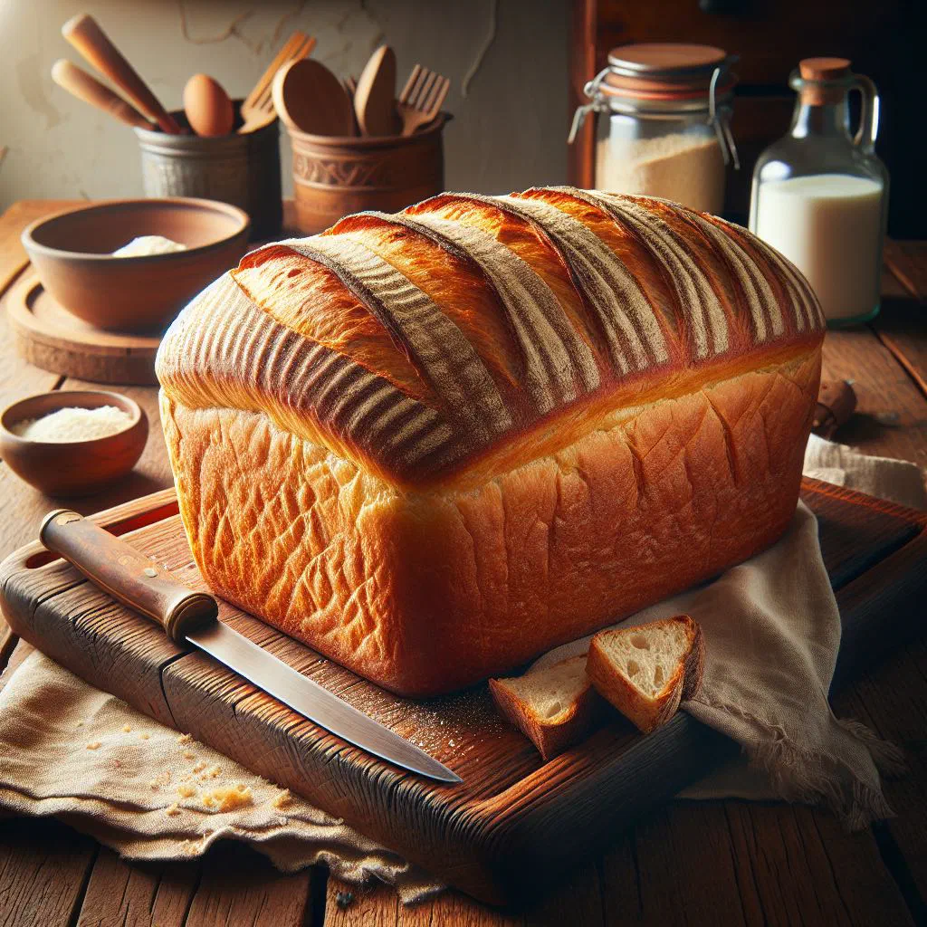 Golden loaf of Belizean Creole bread on a wooden board