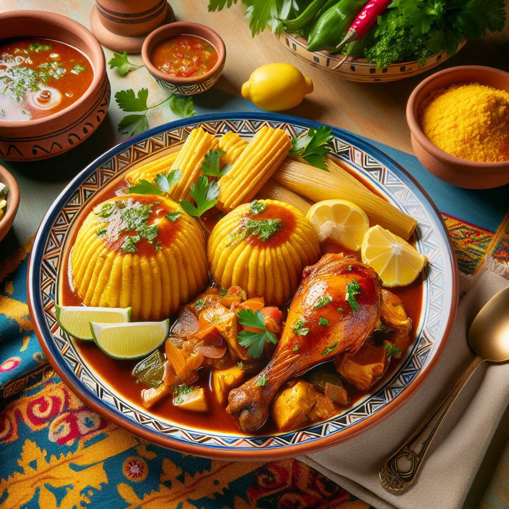 Dukunu cornmeal parcels served with stewed chicken on a plate