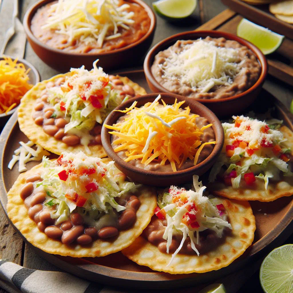 Crispy fried tortillas topped with beans, cheese and fresh vegetables