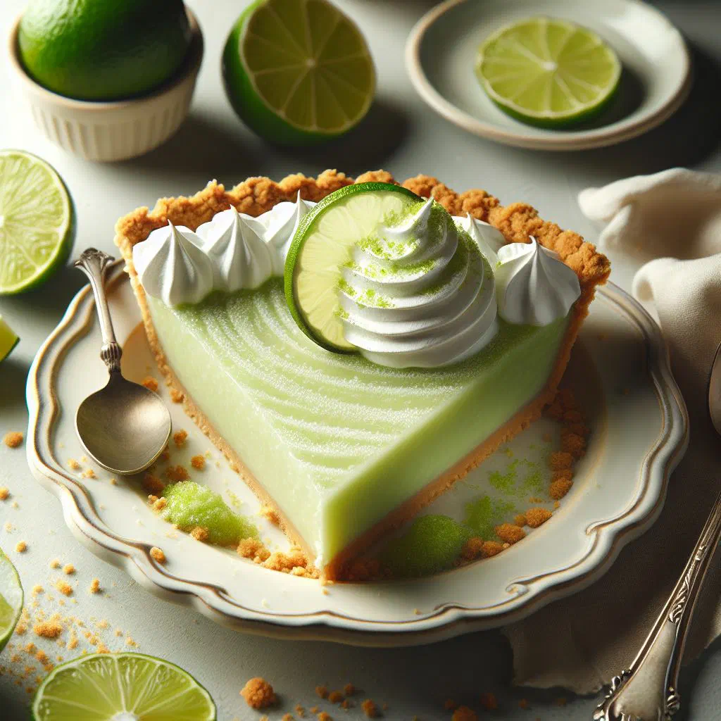 Slice of lime pie with a crumbly biscuit base and lime garnish