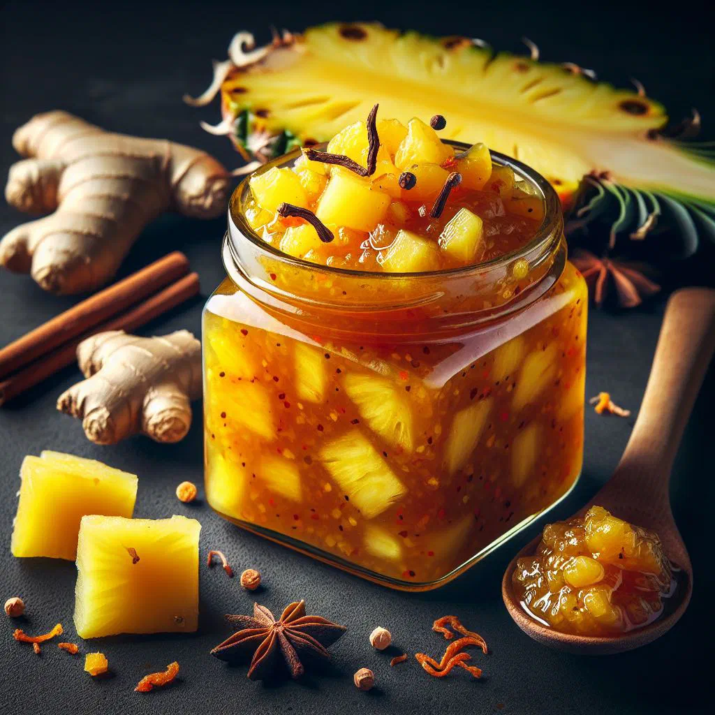 Bowl of sweet and spicy pineapple chutney with fresh herbs