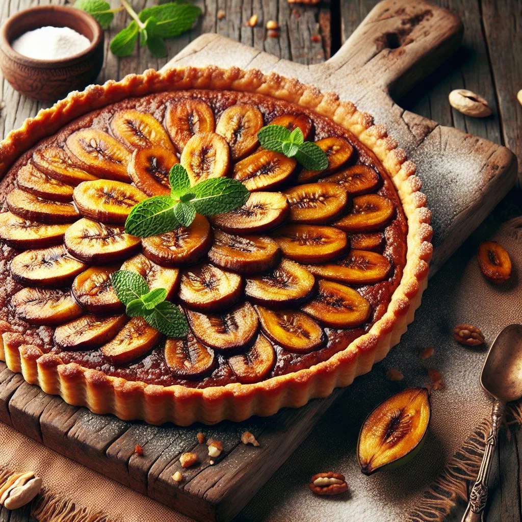 Golden plantain tart made with mashed ripe plantains, dusted with sugar