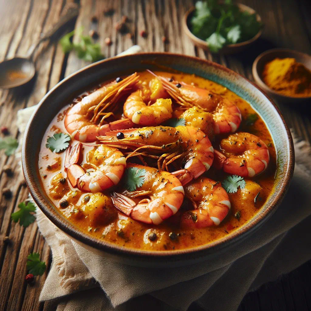 Belizean prawn curry in coconut sauce garnished with fresh coriander