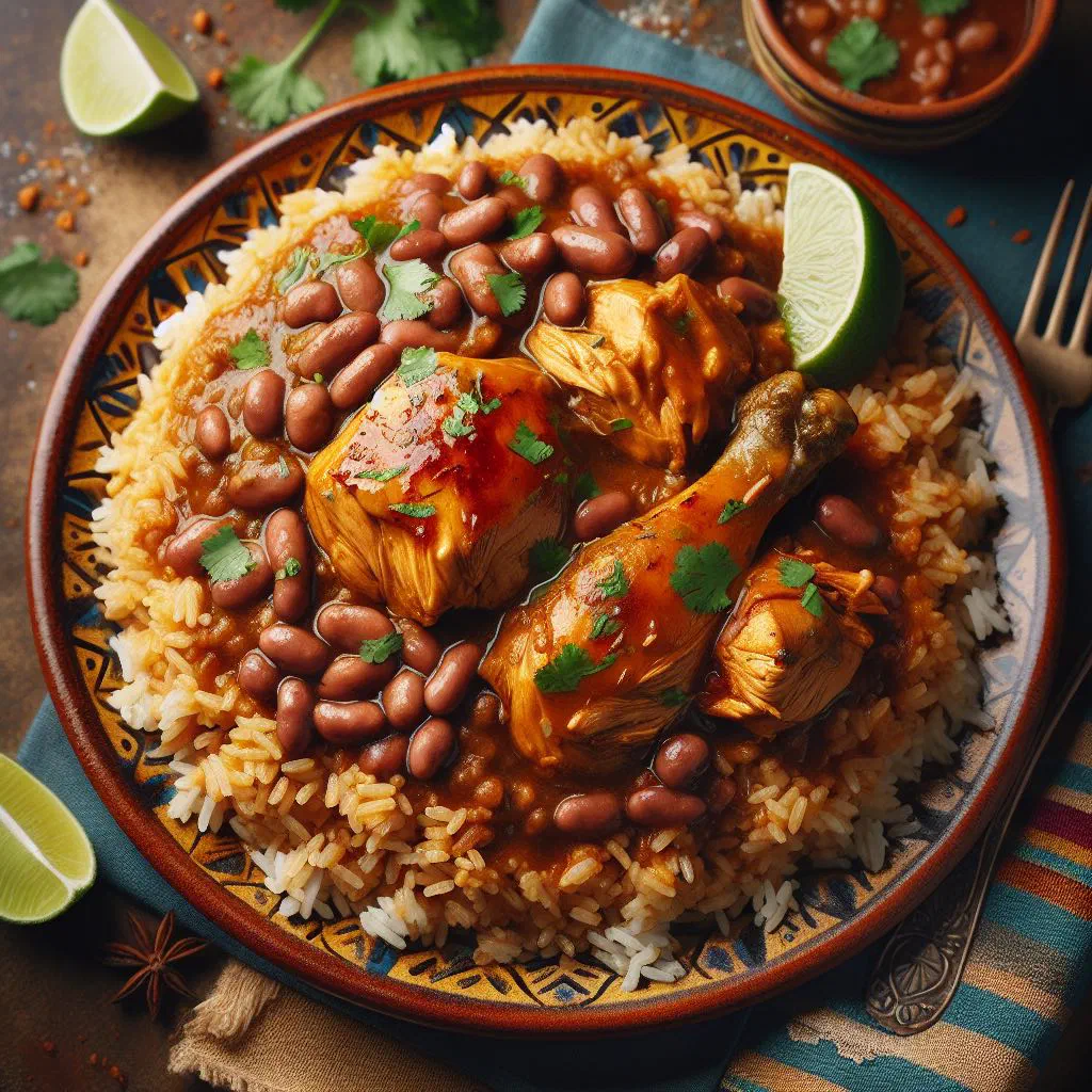 Belizean rice and beans served with stewed chicken in a rich sauce