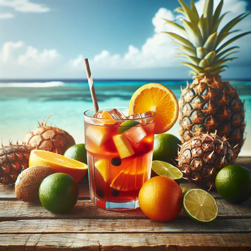 Glass of Belizean rum punch garnished with fresh pineapple and lime