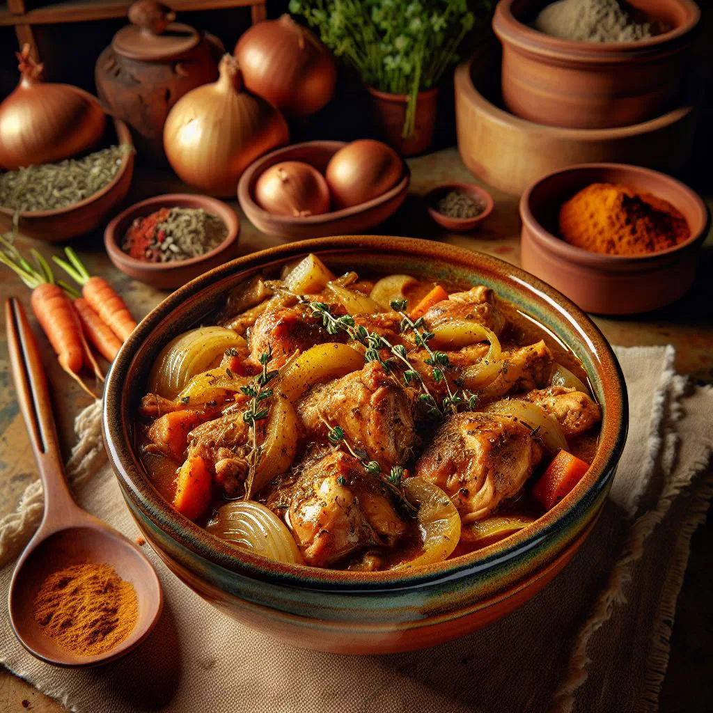 Belizean stewed chicken in a rich sauce garnished with fresh parsley