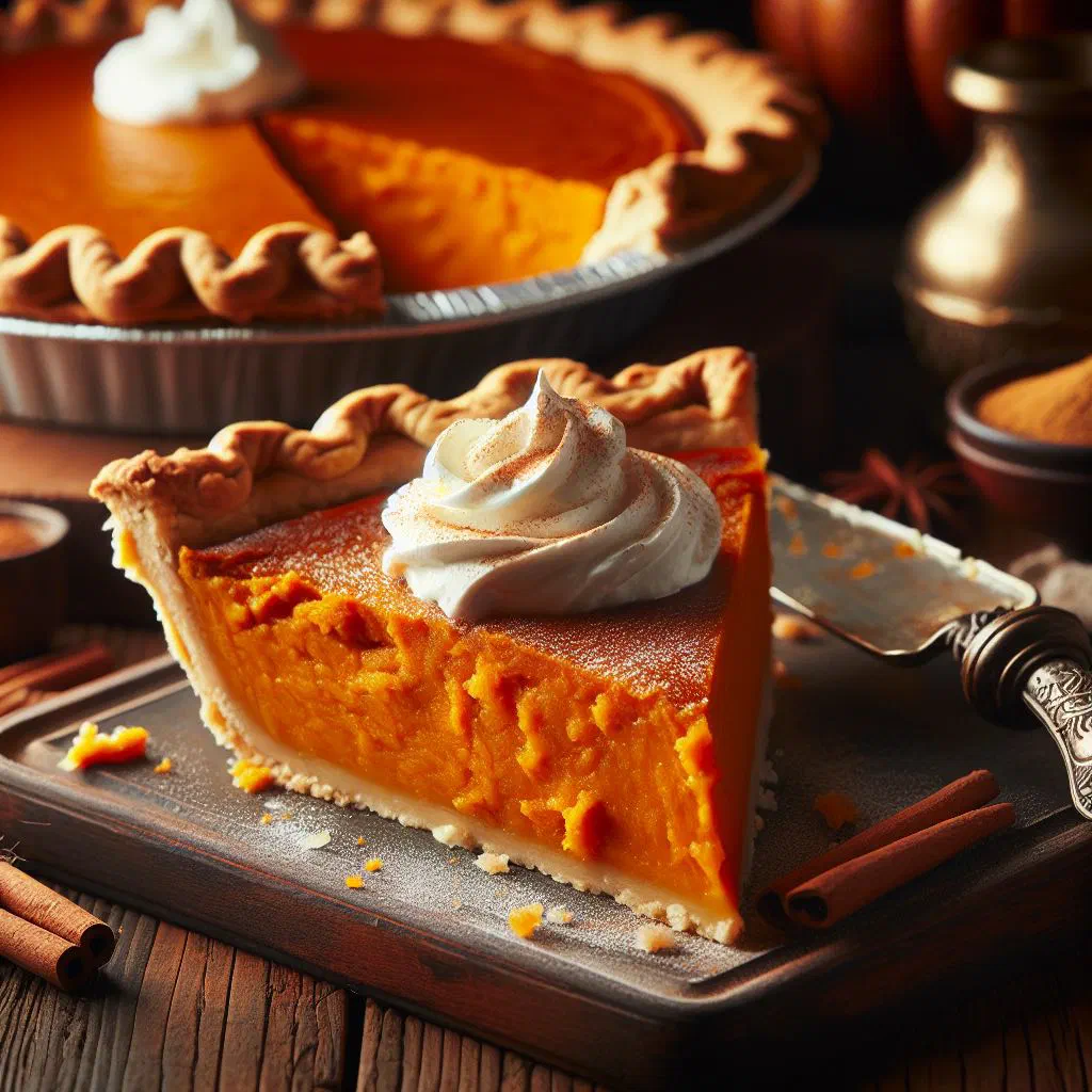A golden sweet potato pie with a crisp pastry crust, sliced and ready to serve
