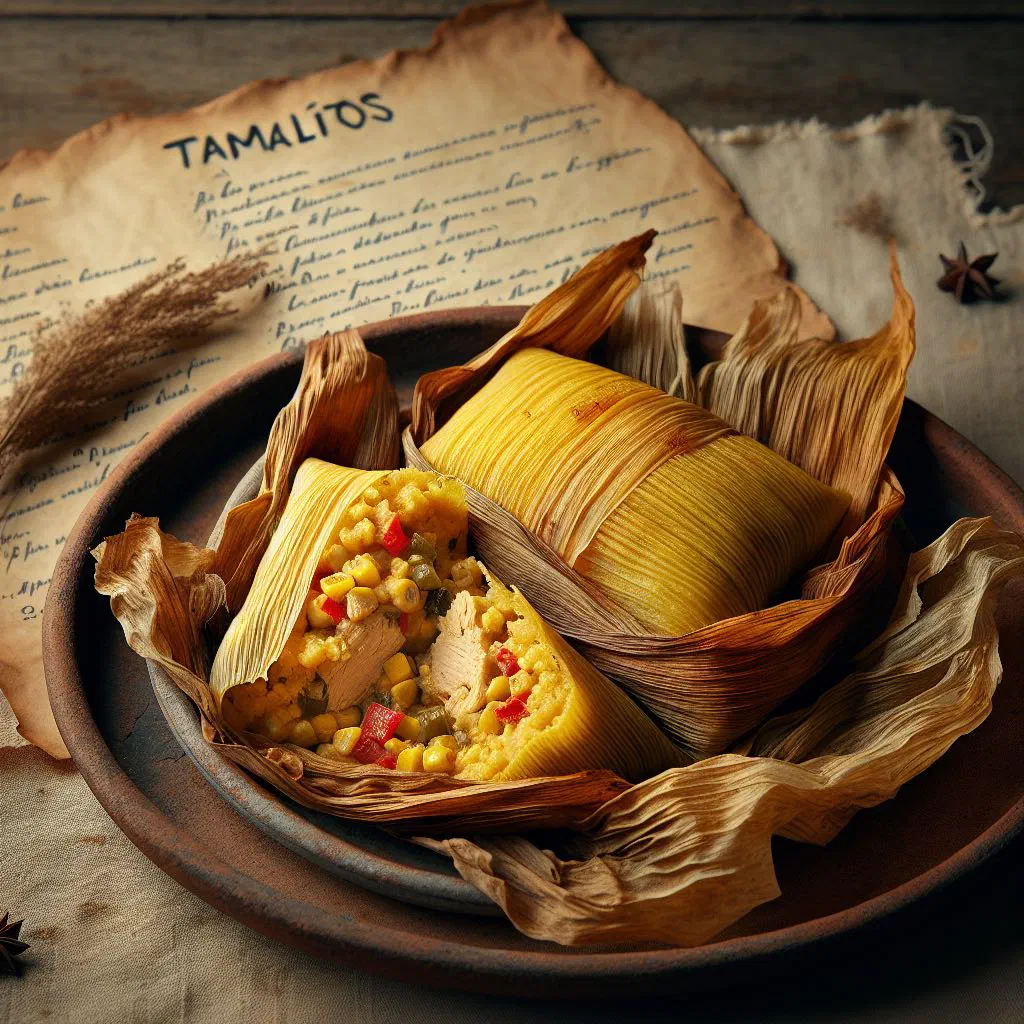 Steamed tamalitos wrapped in banana leaves, one unwrapped to show the corn masa